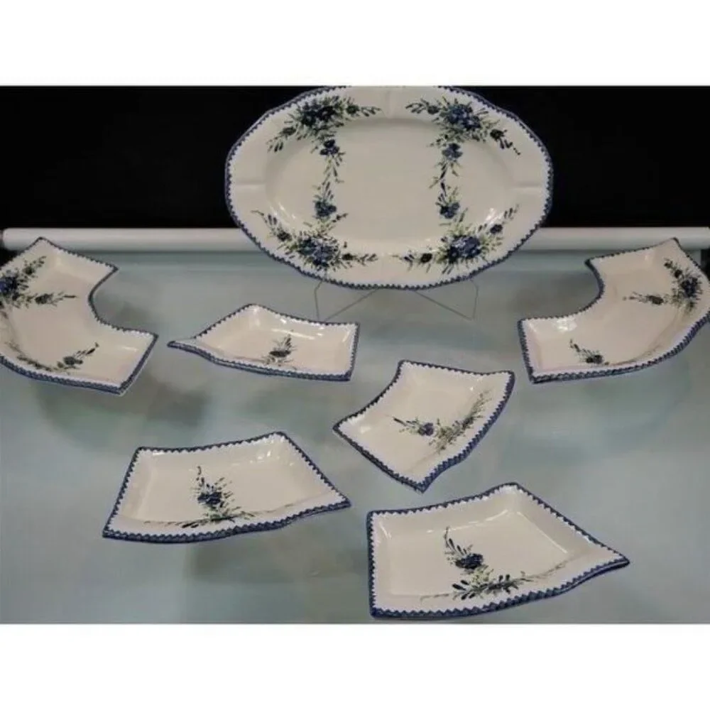 Vintage Tidbit Tray 7 Pc XL Dish Set White Blue Flowers Hand Painted Greece